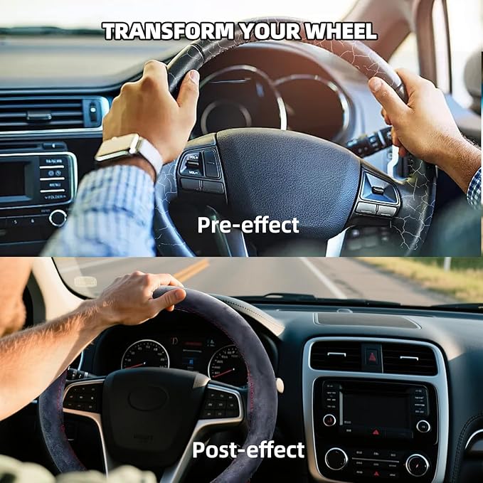 Suede Leather Steering Wheel Cover Wrap Kit - DIY Stitch-On for 15-16" Wheels, Superior Sweat Absorption & Non-Slip Grip, Comfortable & Durable Year-Round Upgrade