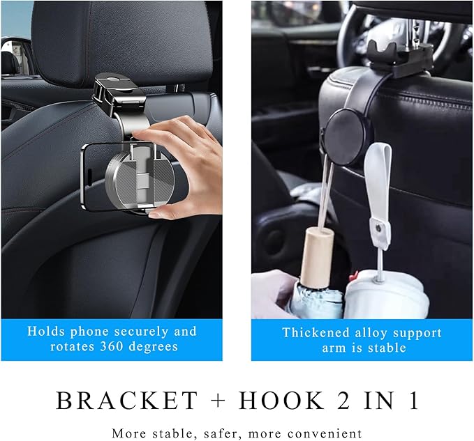 Car Seat Headrest Hook, 2 in 1 Auto Back Seat Hanger with Magnetic Phone Holder, Multifunctional Vehicel Backseat Orgnaizer Storage Hooks for Purse Grocery Bag Umbralle (Clamp)