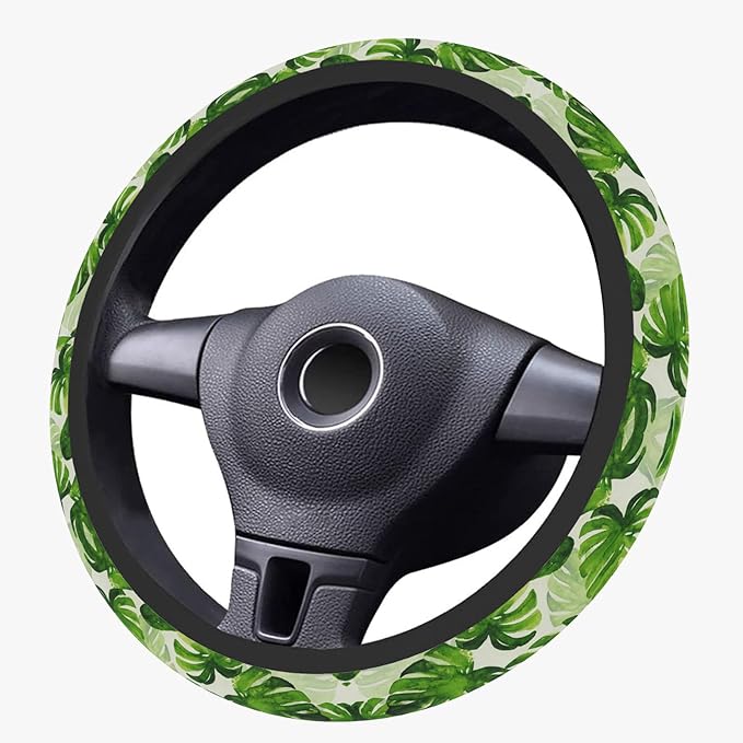 Green Palm Leaves Steering Wheel Cover, Cute Print Steering Wheel Cover Protector, Ultra Thin Breathable Non-Slip, Car Accessories for Women, for Steering Wheel with a Diameter of 14.5"-15"
