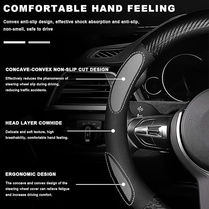 Car Breathable Steering Wheel Cover, Carbon Fiber Wear-Resistant D Shape Steering Wheel Protector for Comfy Grip, Universal Non-Slip Leather Wheel Sleeve for Most Car SUV Truck (Red)