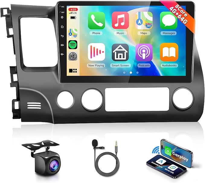8 CORE 4G+64G Car Radio Stereo for Honda Civic 2006-2011 with Wireless CarPlay/Android Auto, 10.1 Inch 1280 * 720P IPS Touch Screen Android 13 GPS WiFi Bluetooth 32-Band DSP HD Rear Camera