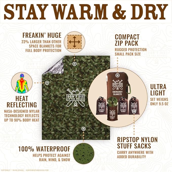 Don't Die In The Woods - Freakin’ Huge Emergency Blankets [4-Pack] Extra Large Thermal Mylar Space Blanket - One of The Ten Essentials Outdoor Survival Gear for Hiking Camping First Aid Kit (Camo)