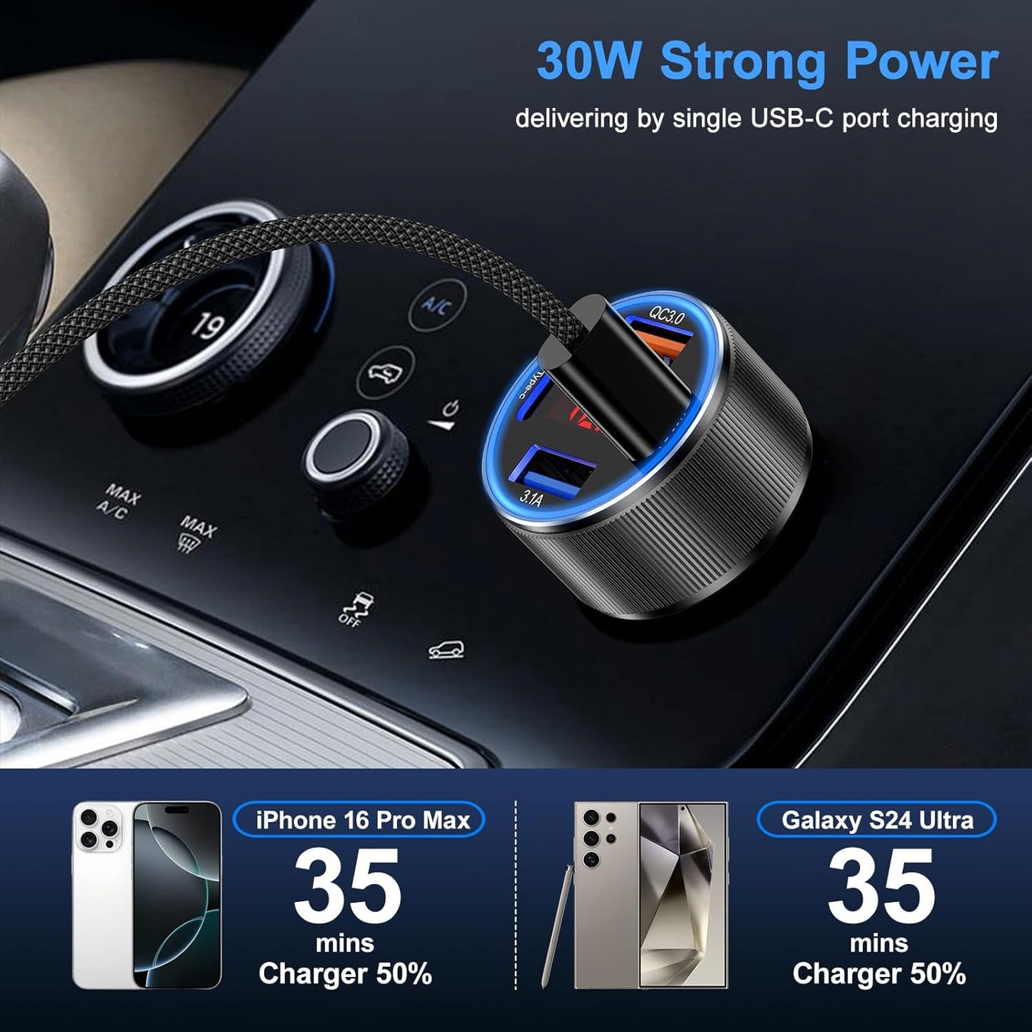 Car Charger for iPhone 16 15 Pro Max, Besgoods 4-Port Cigarette Lighter Adapter USB C & USB A Car Phone Charger Fast Charging Voltmeter for Galaxy S24 S23 A15 A54 Android, 6ft USB C to C Cable
