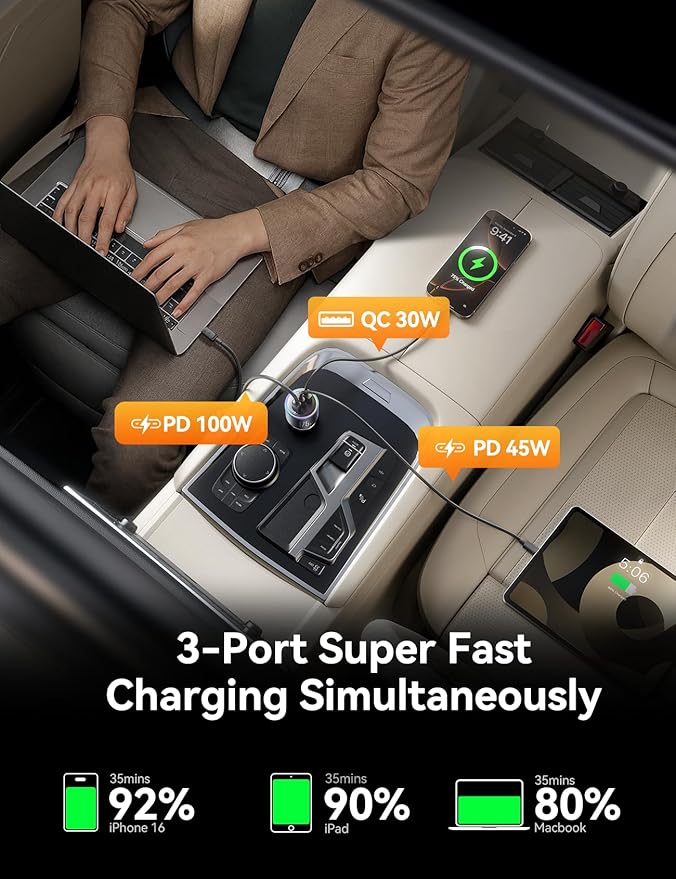 JOYROOM 175W Car Charger USB C Fast Charge [GaN] 3-Port Type C Super Fast Car Charger with USBC Cable, Car Cigarette Lighter Adapter for iPhone 17/16/15 Series, Galaxy S26/25, MacBook, iPad and More