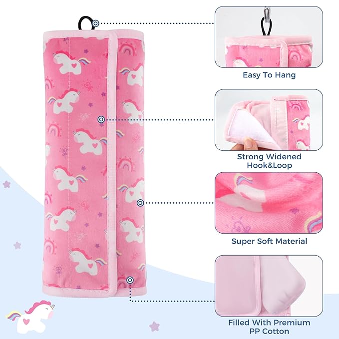 COOLBEBE Seat Belt Pillow for Kids, Extra Soft Toddler Travel Pillow for Car Seat, Universal Carseat Strap Cushion Pads for Childs Baby People Adults, Pink Unicorn