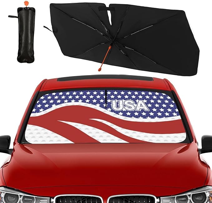Socira American USA Flag Car Windshield Sunshade Umbrella Foldable Umbrella Sun Shade Windshield Cover Patriot Sunshade Car Accessories Blocks Uv Rays Keeps Cool (57" X 30")