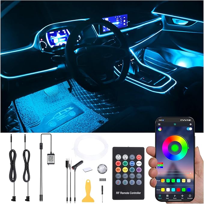 Car Atmosphere Light Kit 3m Fiber Optic RGB Multicolor Sound Active Music Sync Memory Function RF Remote Controller + Bluetooth APP Control 64 Colors USB Car Interior Ambient Lighting Kit 12V