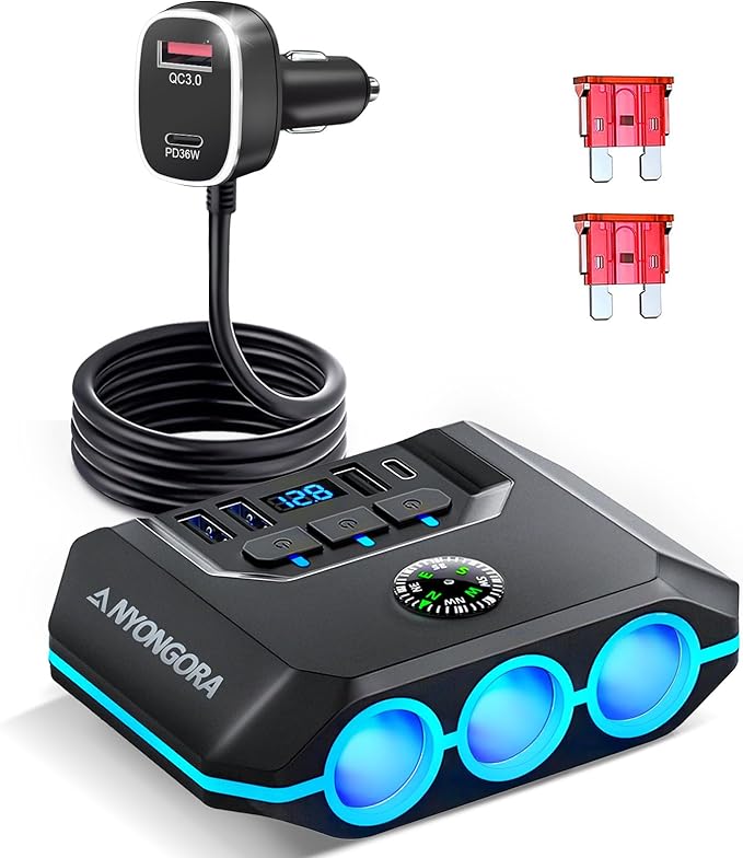 Anyongora 9-in-1 Cigarette Lighter Splitter, 156W Car Charger Adapter with PD 36W & QC 3.0, 3 Sockets with Independent Switches, 6 USB Ports, LED Voltage Display, UL Certified, Includes Spare Fuse