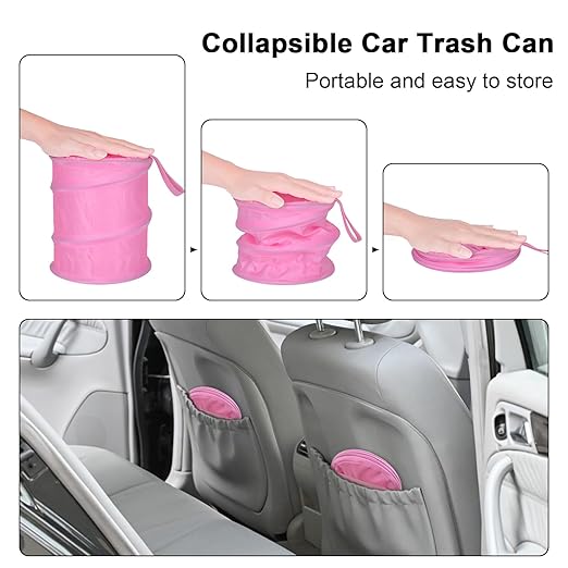 Car Trash Can, 2 Packs Mini Collapsible Car Trash Bin for Front Back Seat, Pop up Garbage Can, Portable Bag Hanging for Vehicle SUV Rv Truck Accessories Interior, Pink