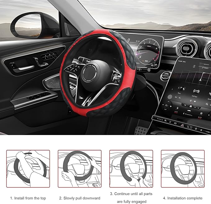 Car Steering Wheel Cover, 15 Inch Elastic Comfortable Auto Steering Wheel Protector, Anti-Slip Leather Wheel Cover Fashionable Interior Accessories for Most Cars Trucks SUVs (Black & Red)