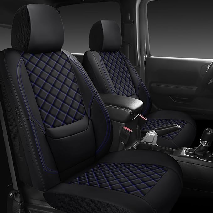 Wrangler Seat Covers 2007-2026 Full Set, Waterproof Leather Interior Sets with Lumbar Support Custom Fit for Jeep Wrangler JK JL 4 Door Unlimited Sahara/Sport/Rubicon X 392 Willys, Black Blue