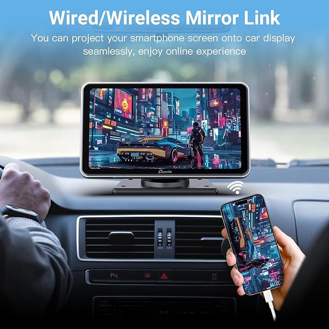Carpuride Portable Wireless CarPlay Screen for Car- 7 Inch Car Play Screen Compatible with Android Auto and Apple CarPlay - Multimedia Player, Bluetooth, Navigation Screen for All Vehicles