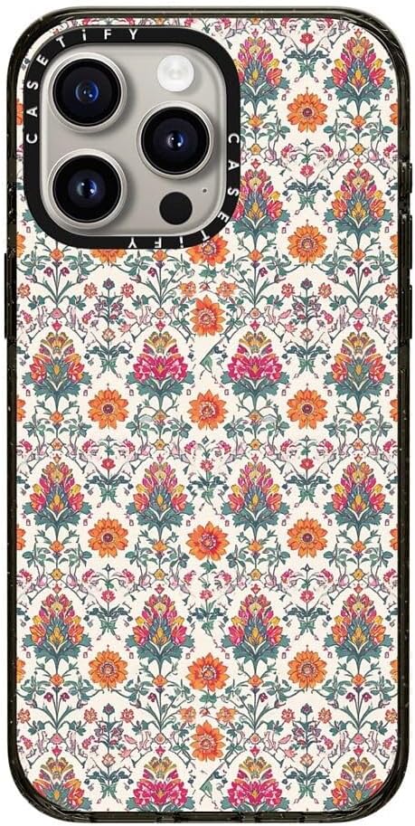 CASETiFY Impact iPhone 15 Pro Max Case [Slim/Compatible with Magsafe / 8.2 ft. 4X Military Grade Drop Protection] - Persian Floral - Orange - Clear Black