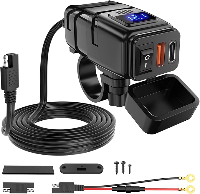 Nilight Motorcycle USB Type C Port 12V Voltmeter Independent On Off Switch SAE Inline 10A Fuse Waterproof 6.8A QC3.0 Fast Phone Tablet for 7/8inch Handlebar