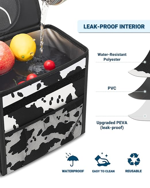 Capolo Car Trash Can with Lid, Leakproof Car Trash Bag Hanging Waterproof Automotive Garbage Can with Storage Pockets Mini Vehicle Trash Bin for Back/Front Seat(Cow Print,2.5 Gallon)