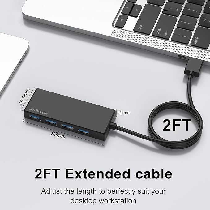 USB Hub, Multiport USB Splitter Adapter, 2 ft Long Cable USB 3.0 Hub, USB Extender for Laptop, PC, iMac, Surface Pro, MacBook, Mac Pro, Flash Drive, XPS, Mouse, HDD, Black, HJ-Black-0.5M-001