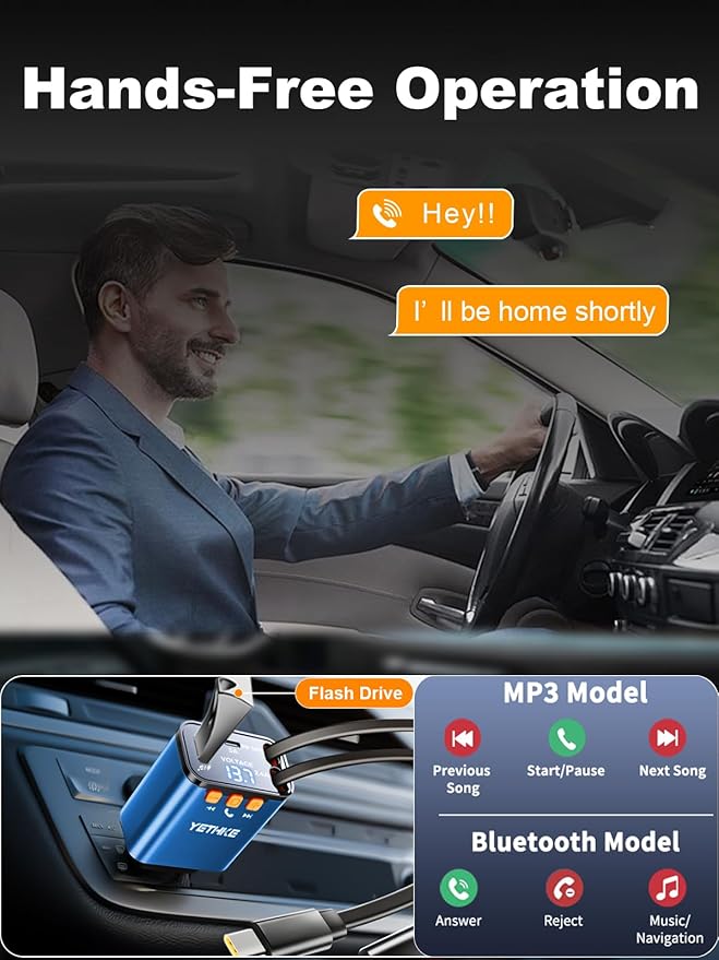 Bluetooth Car Adapter with Retractable Charger,[Upgrade] Bluetooth 5.4 FM Transmitter for Cars, 4 in 1 Fast Car Charger 69W, Handsfree Call, 2*Retractable Cable for iPhone 17/16/15/14, Galaxy-Blue