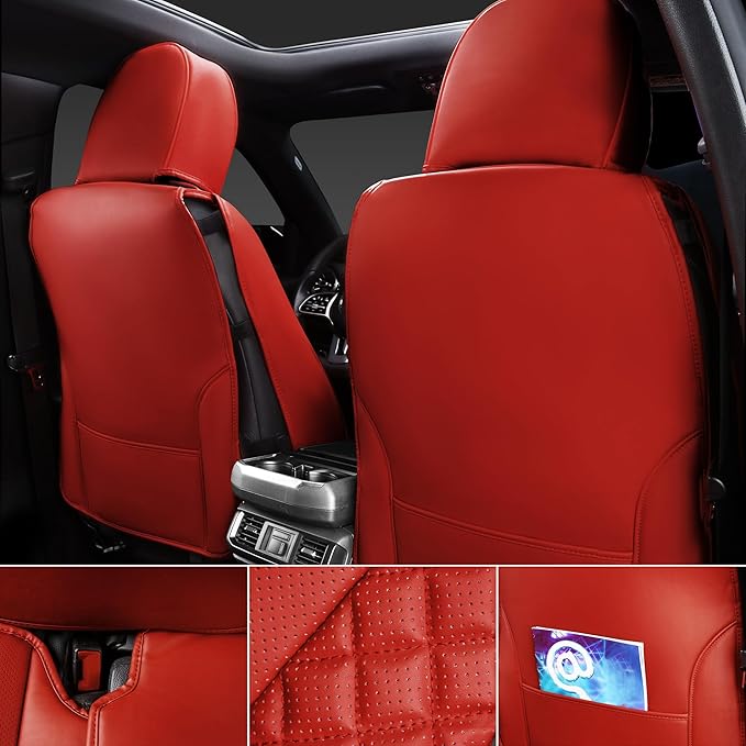 CAR PASS Nappa PU Leather Car Seat Covers Full Set Waterproof Protector Durable Cushioned,Universal Fit for Sedan SUV Pick-up Truck,Anti-Slip Luxury Premium Deluxe(Red)