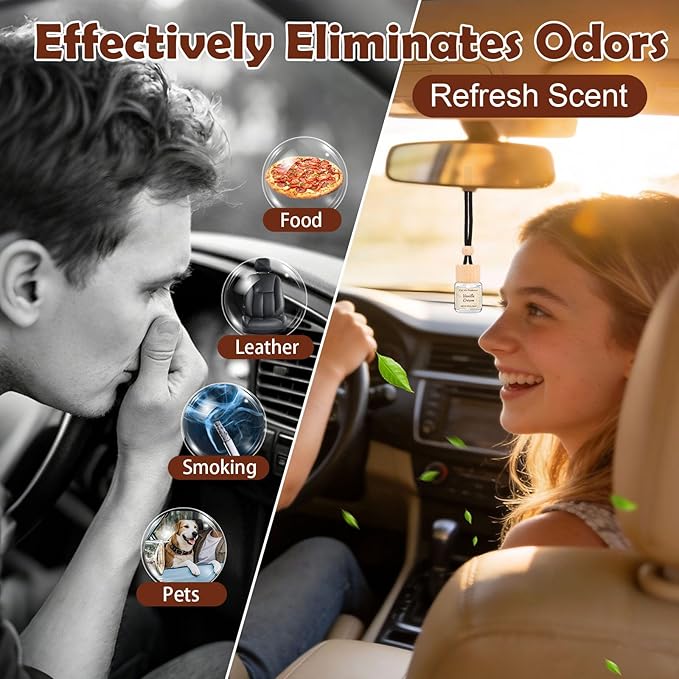 12 Pack Car Air Freshener Refills, 6-Scent Hanging Air Freshener Diffuser Set - Each(8ml +20ml Refill), Essential Oil Diffuser with Refill Bottles, Reusable Car Fragrance Decor Accessories