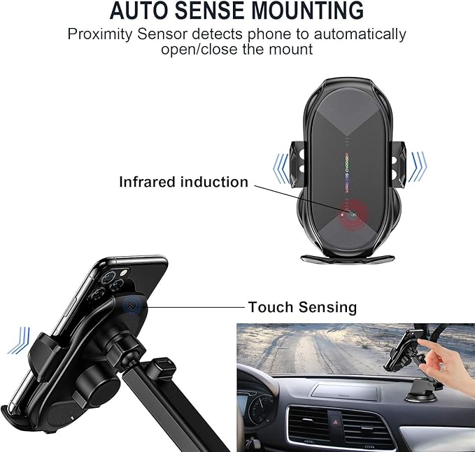 Wireless Car Charger,15W Qi Fast Charging Auto-Clamping Air Vent Windshield Dashboard Car Phone Mount,Long Arm Suction Cup Holder for iPhone Samsung LG