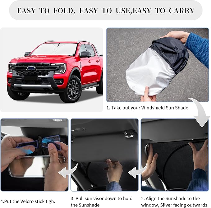 Sun Shade Sunshade for Ford Ranger 2019-2025 2026 Windshield Cover, 4-Layer Front Window Shade Custom fit Ranger XL, XLT, Lariat Sun Visor 240T Foldable Shade Blocks UV Rays Cooler Car Accessories