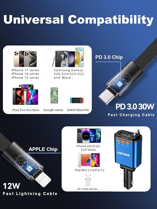 Bluetooth Car Adapter with Retractable Charger,[Upgrade] Bluetooth 5.4 FM Transmitter for Cars, 4 in 1 Fast Car Charger 69W, Handsfree Call, 2*Retractable Cable for iPhone 17/16/15/14, Galaxy-Blue