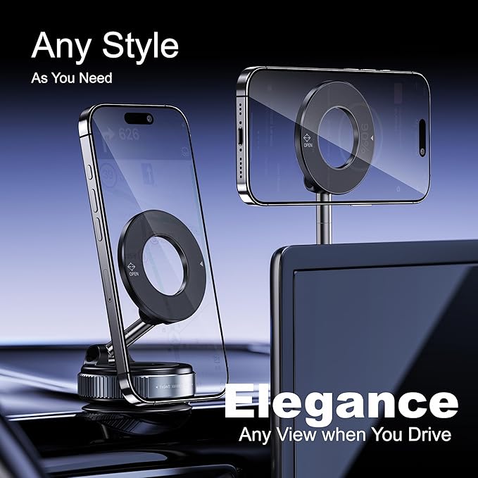 Magnetic Phone Holder for Car,Vacuum Suction Cup Phone Mount,Magsafe Car Mount for iPhone, No Need Charge,Folding Holder for iPhone and Android