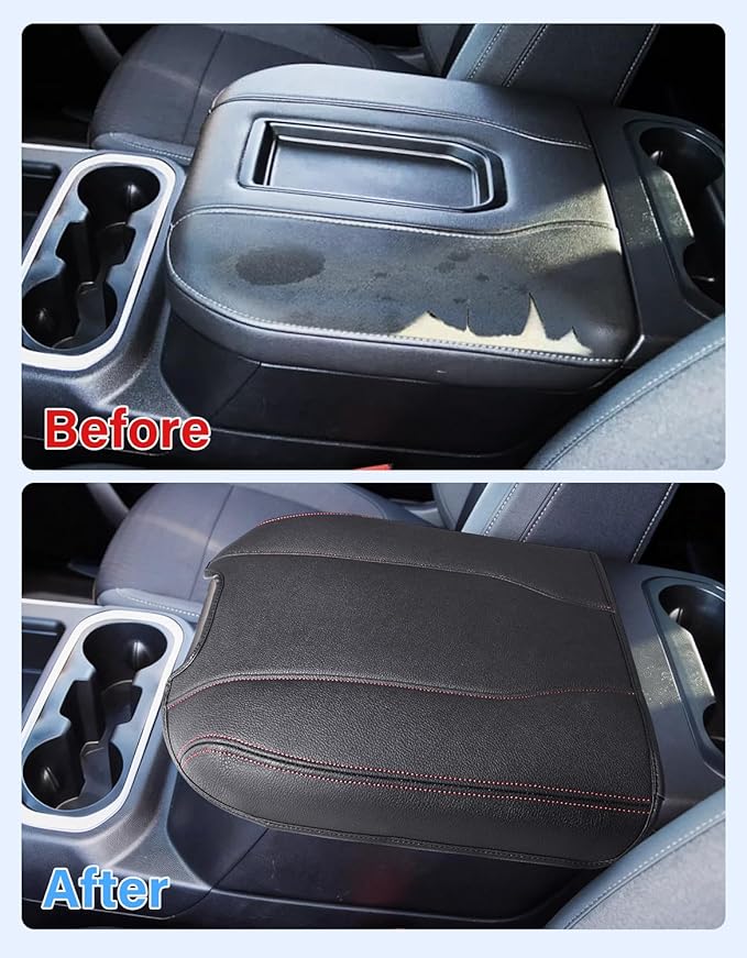 Center Console Armrest Cover for Chevy Chevrolet Silverado 1500/GMC Sierra 2019-2026, Tahoe/Suburban/Yukon 2021-2026, PU Leather Middle Console Lid Protector Cushion Thick Pad Black/Red(Bucket Seat)