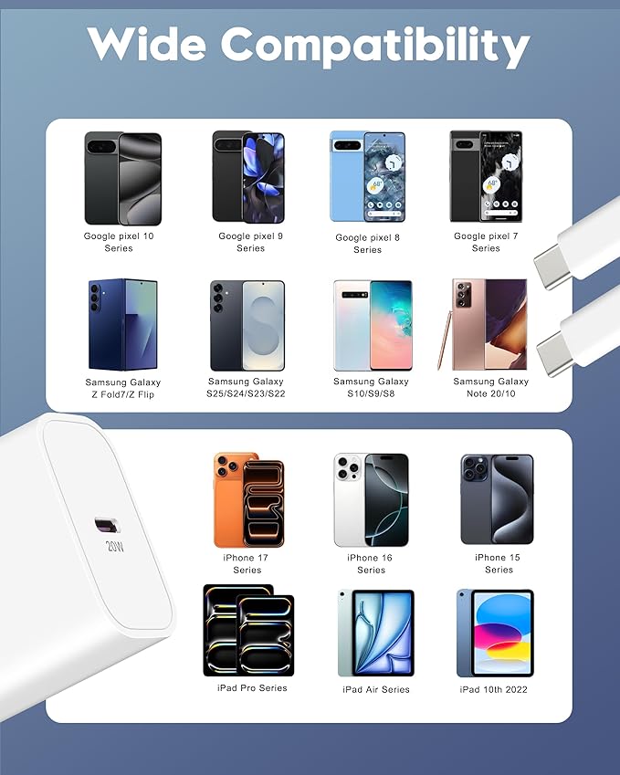iPhone 17e/17/17 Pro Max Fast Charger, 2-Pack 20W USB C Wall Charger Fast Charging Block with 10FT Long USB-C Cable Cord for iPhone 17e/17/17 Pro Max/16e/16/15 Pro/Plus, iPad Pro 13/12.9/11, AirPods