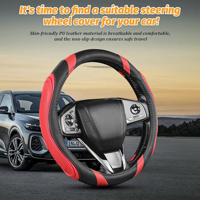 Car Steering Wheel Cover, Breathable Soft Leather Vehicle Wheel Cover Protector for Men Women, Non-Slip Automotive Interior Protection Accessories, Universal for Most Vehicles (Black/Red)
