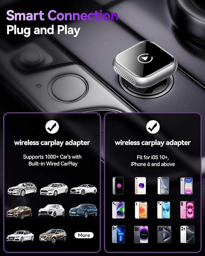 Wireless CarPlay Adapter for iPhone - 2025 Upgrade Converts Wired to Wireless CarPlay, Auto Connect, Plug & Play, Stable Fast Connection, for Cars with Factory CarPlay 2014+ & iOS 10+