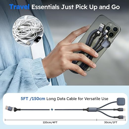 Travel Essentials 3in2 Multi Charging Cable for iPhone Watch Charger,USB A/C to Type C/IP/iWatch Charger, Charging Cords for Multiple Devices Compatible with iWatch Series&iPhone 17-12 5FT