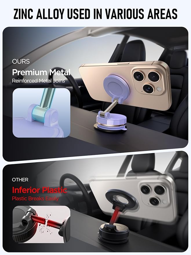 Upgraded Vacuum Magnetic Car Phone Holder for MagSafe[108+LBS Strongest Suction & 3000gf Strongest Magnetic],360° Adjustable Suction Cup Phone Mount for Car,Gym,Mirror,Men Women-Purple