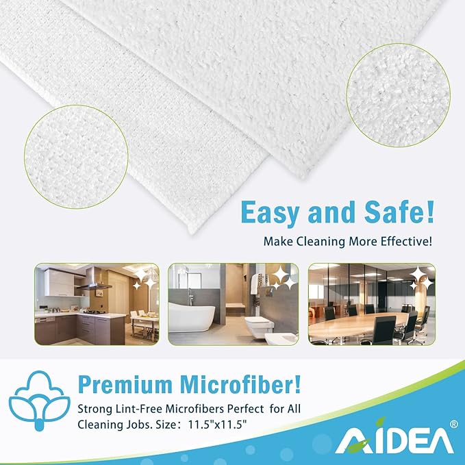 AIDEA Microfiber Cleaning Cloth White 50PK, Cleaning Rags, Lint Free Microfiber Towels, Kitchen Towels Dusting Cloth, Wash Cloths, Dish Rags White, 12"x 12"