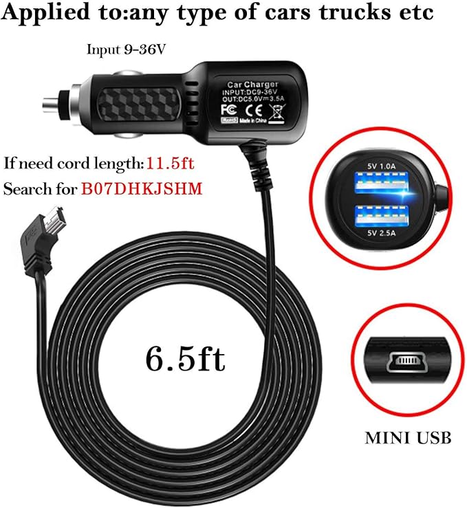 Car Charger for Garmin Nuvi, Garmin GPS Charger Cable,Mini USB Power Cord Cable Dual Port USB Vehicle Power Charging Cable Cord for Garmi Nuvi C255 Dashcam