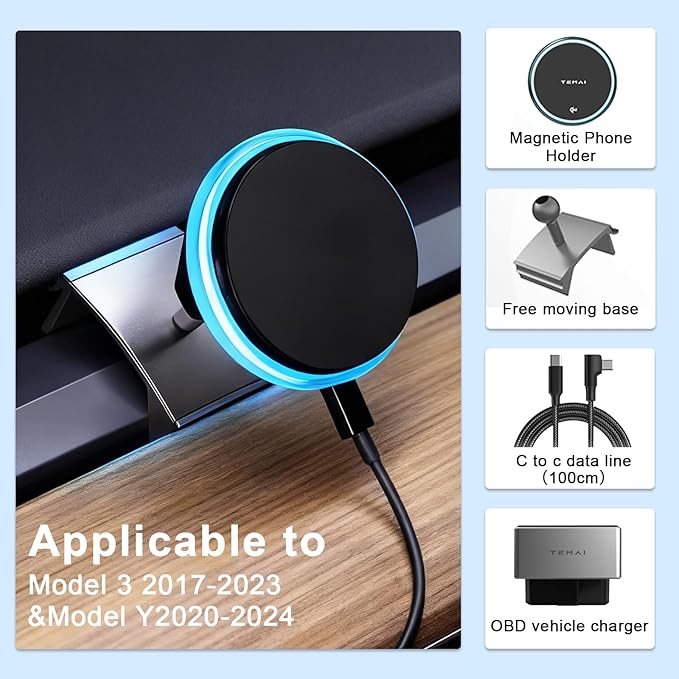 Wireless Car Mount Charger Fast Charging for Tesla Model 3/Y/3 Highland/Y Juniper (Model 3 17-23& Model Y 20-24, with OBD Charger)