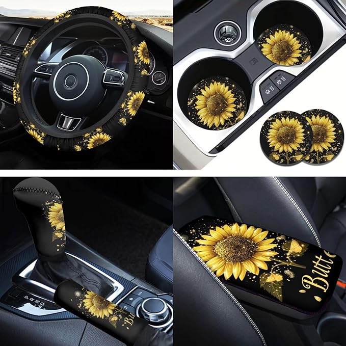 Butterfly & Sunflower Print Car Accessories for Women 6 Pcs Steering Wheel Cover Handbrake Gear Cover Cup Coaster Armrest Cover Auto Accessories for Men Women