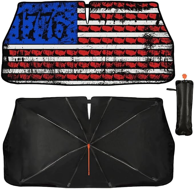 American USA Flag Car Windshield Sunshade Umbrella USA Flag Sun Shade for Car Windshield Umbrella Upgraded Sunshades Blocks UV & Heat Front Window Shades for SUV Sedan Auto