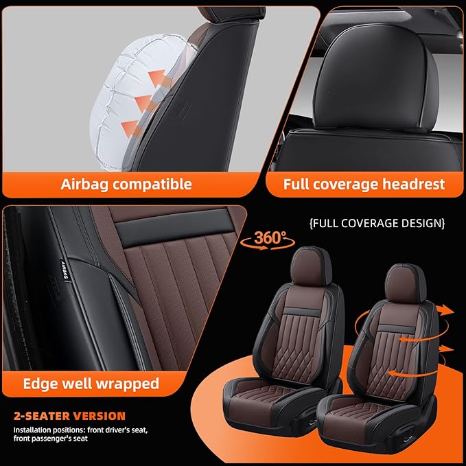 KEYOOG 2-Seater Waterproof and Breathable Nappa Leather Car Seat Covers Full Set, Fit for Front Seats of Cars, Compatible with Airbags, Car Seat Protector Covers for Most Cars - Black Coffee