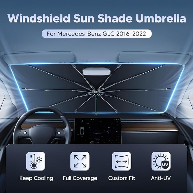 Autorder Windshield Sun Shade Umbrella for 2016-2022 Mercedes-Benz GLC Accessories,Upgraded Ice Crystal Material,Easy Setup Umbrella Sunshade for Car Windshield,100% Sun Blocking