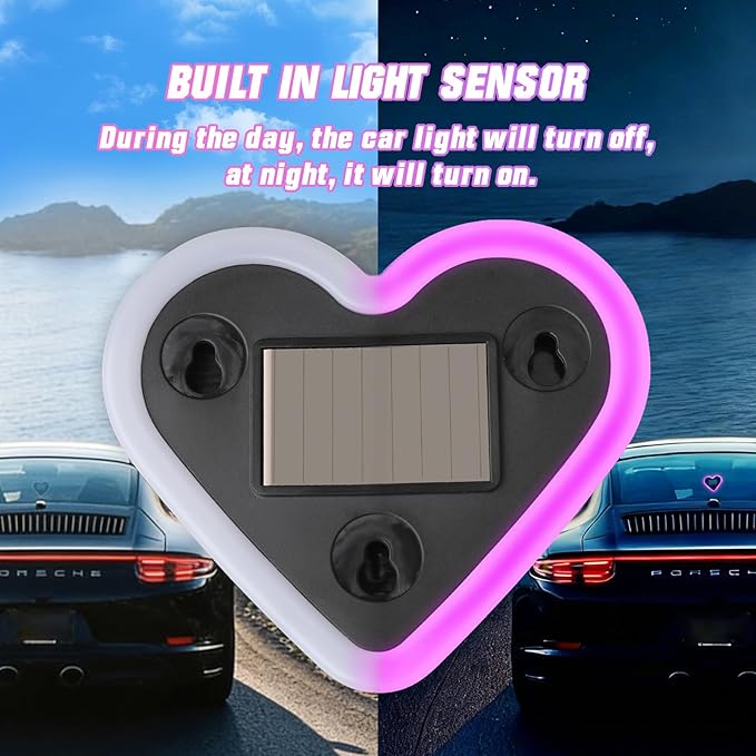6 Lighting Modes Solar Powered Car LED Ambient Light, Rechargeable Wireless LED Heart Shape C-Pillar Neon Light, AutoGlow Solar Heart Light for Car Window Romantic Decor Surprising Gifts
