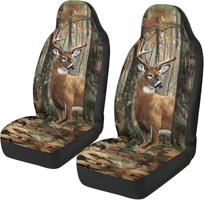 ELEQIN Car Seat Covers, Camo Hunting Deer Seat Cover Front Car Seat Cushion, Front Auto Protector Universal Fit Most Cars, Automotive Interior Accessory