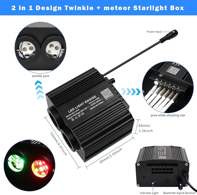 AMKI Dual Color 18W Twinkle&Meteor Starlight Headliner Kit 1200pcs 0.03in 13.1ft+240pcs Pure White Shooting Star,Updated 2 in 1 Starlight Box RGBW Sound Activated Mode for Car Home Decor