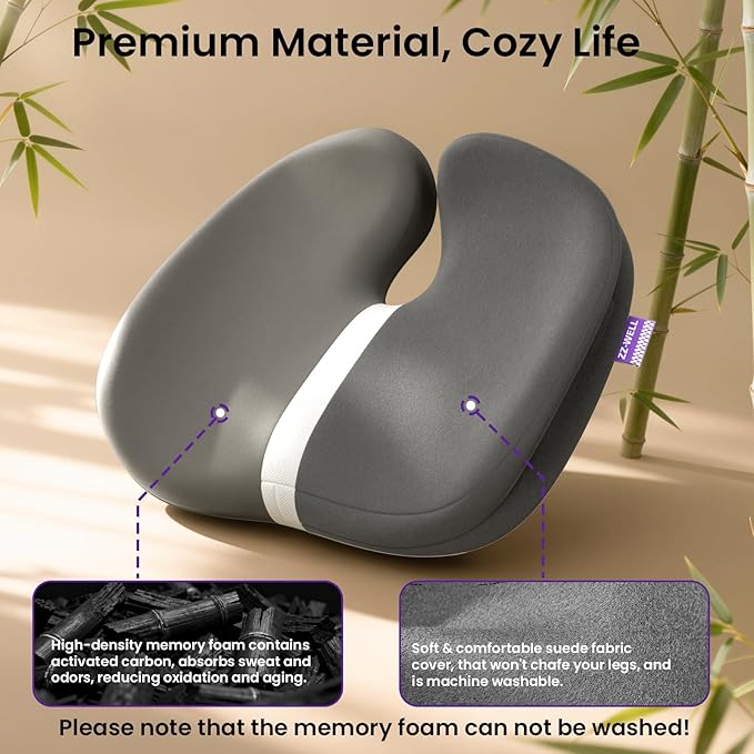 Seat Cushions for Office Chairs, Car Seat - Patented Coccyx Cushion for Tailbone Pain - Memory Foam Butt Cushion for Pressure Relief - Carry Handle & Non Slip Bottom (Grey)