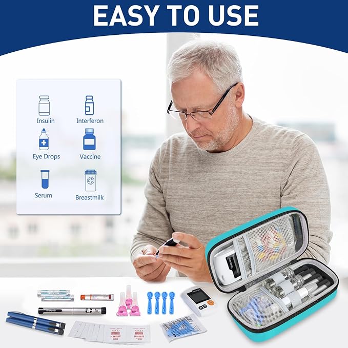 Insulin Cooler Travel Case, Portable Temperature Display Medicine Travel Cooler, Diabetes Case with 2 Reusable Ice Packs TSA Approved for Diabetic Supplies Patent Pending(Seafoam)
