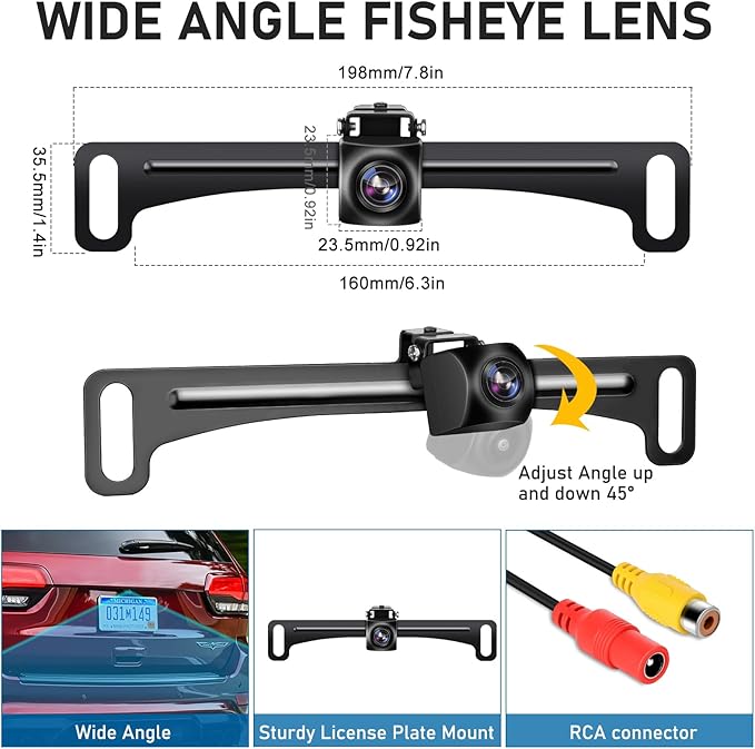 GLK Backup Camera Reverse Camera AHD 1080P Night Vision Rear View Camera, License Plate Backup Camera with 170 Degree Wide View Angle, IP69K Waterproof, for 12-24V Pickup Car Truck RV SUV