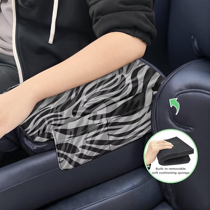 Black Zebra Car Center Console Cover, Upgraded Car Arm Rest Cover with 4 Storage Bags, Universal Armrest Cushion for Car Storage Box Car Interior Accessories Protector for Most Vehicle