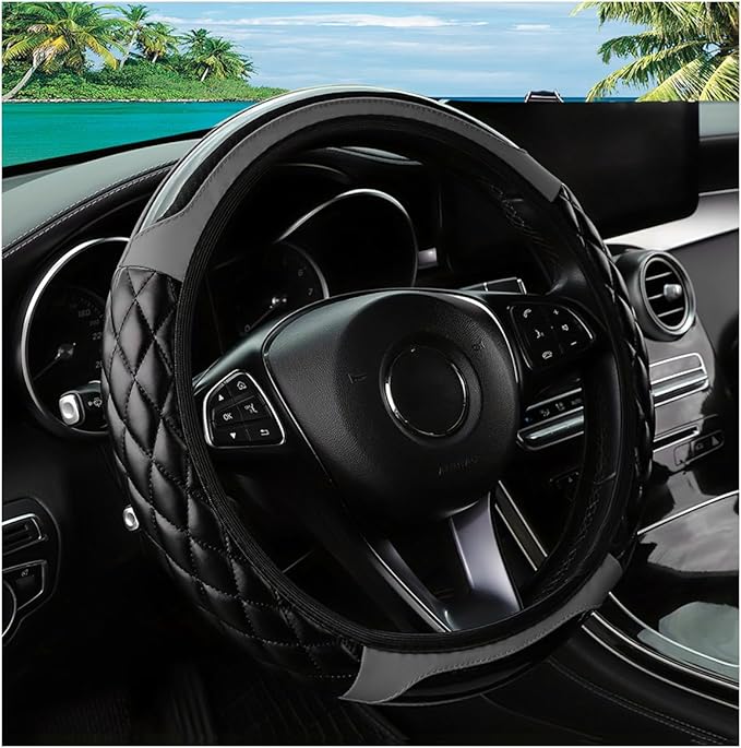 Car Steering Wheel Cover, 14.5-15inch Leather Anti-Slip Car Wheel Cover Protector, Safety Comfortable Desgin, Universal Auto Steering Wheels Accessories for Cars Truck SUV (Gray)