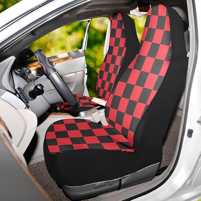 Checkered Car Seat Covers Set of 2,Geometric Christmas Plaid Pattern Black and Red Universal Front Seat Protector Vehicle Seat Cushion Cover for Women Men Cute Car Accessories for Car Truck