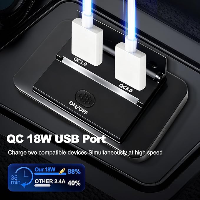 12V Flush Mount USB Charger with Power Switch, Multi-Port Car Charger for RV, Boat, Car, Bus, ATV, Motorcycle - Panel Mount Charging Accessories (QC+QC)